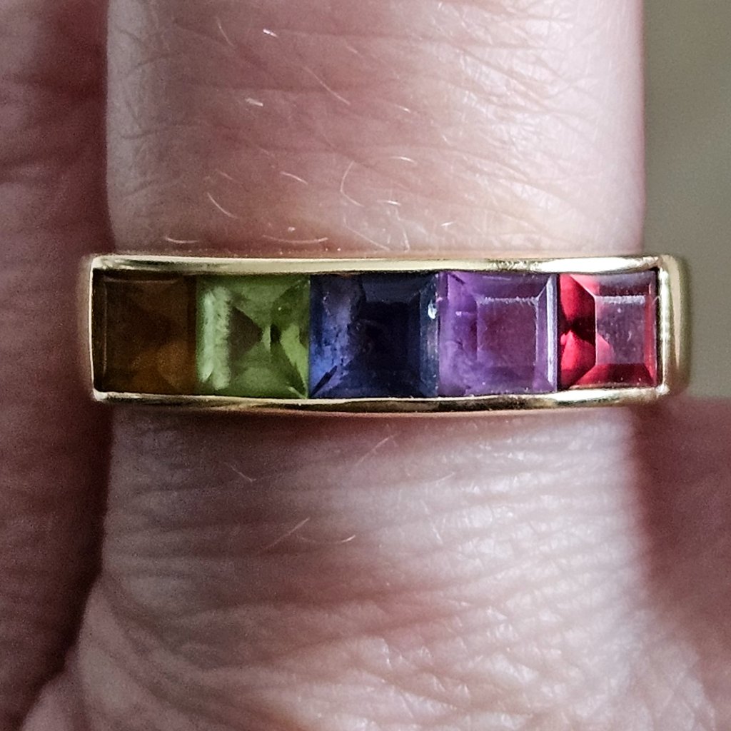 Rare Vintage Estate Mayors Birks 14k Princess Square Multi Gemstone Ring Band — image 3 of 8